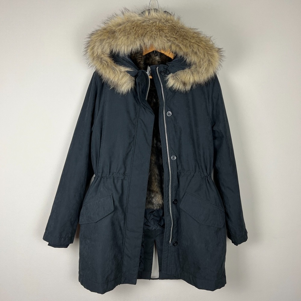 Abercrombie & Fitch Parka Jacket Womens Small Black Faux Fur Lined Hooded Winter - Picture 5 of 16